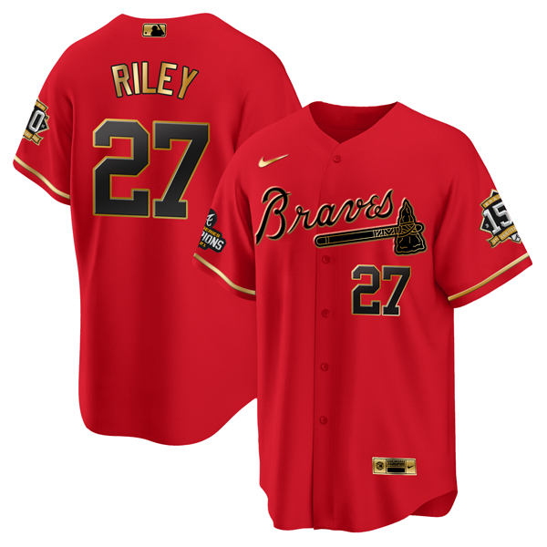 Men's Atlanta Braves #27 Austin Riley 2021 Red/Gold World Series Champions With 150th Anniversary Patch Cool Base Stitched Jersey